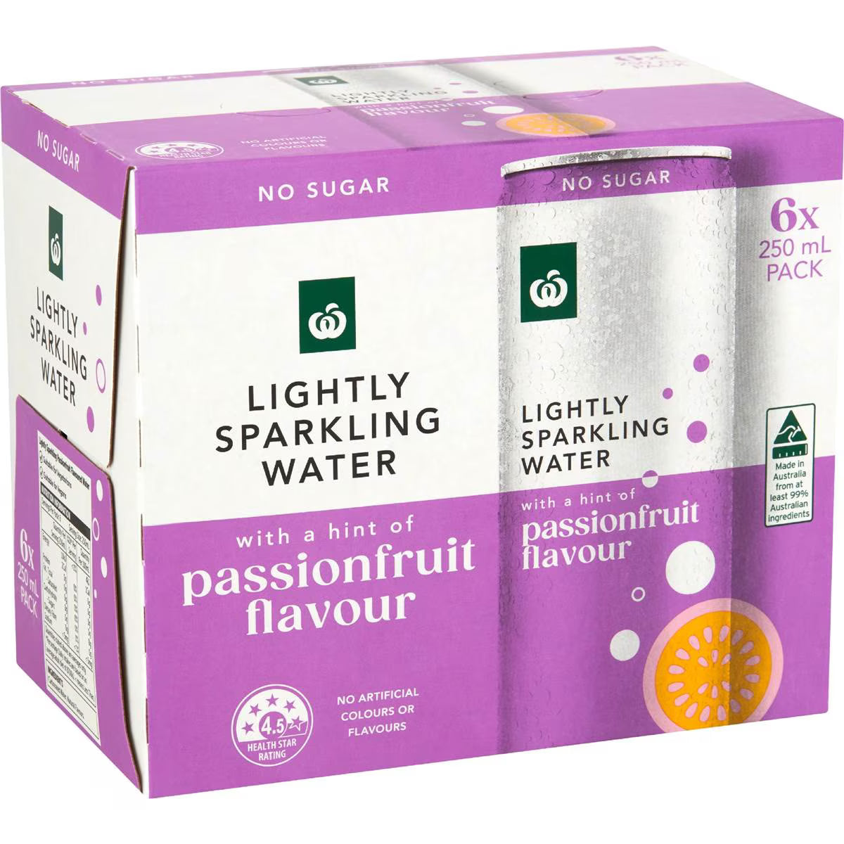 Woolworths Lightly Sparkling Water Cans Passionfruit 250mL