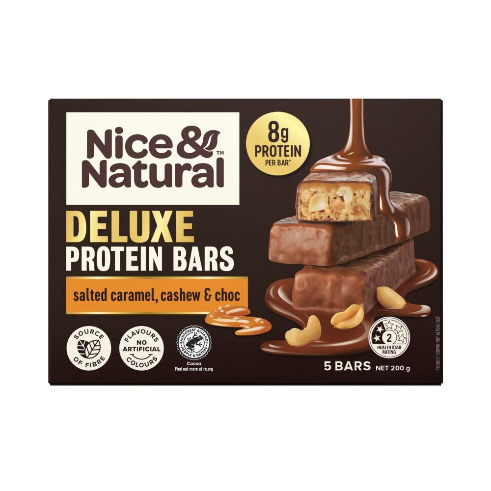 Nice & Natural Deluxe Protein Bars Caramel & Milk Choc Multipack Snacks 5 Pack 200g