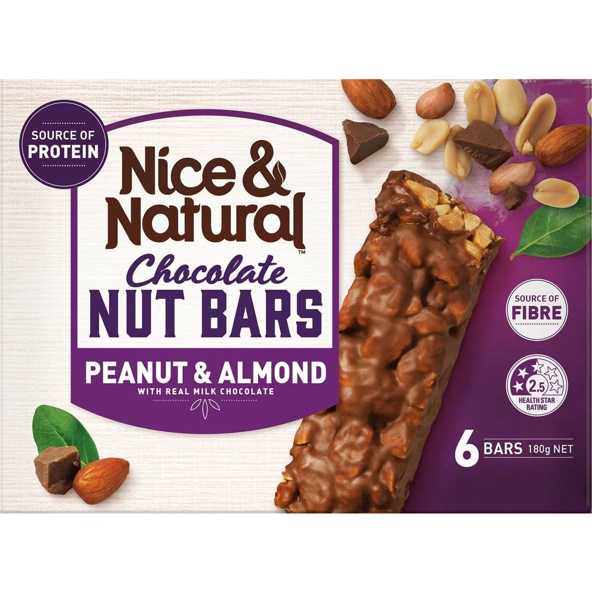 Nice & Natural Nut Bars Peanut & Almond with milk choc (6pk) 180g