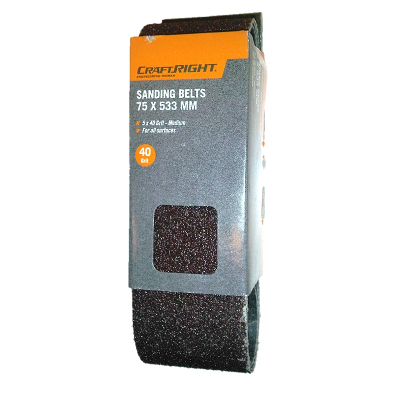 Craftright 75 x 533mm 40g Sanding Belts - 5 Pack