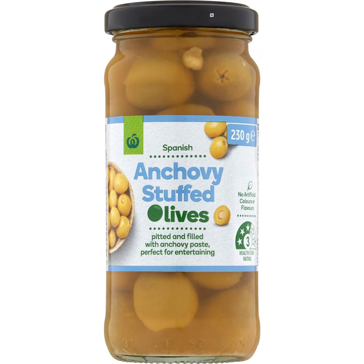 Woolworths Anchovy Stuffed Green Mediterranean Olives 230g