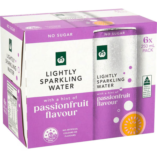 Woolworths Lightly Sparkling Water Cans Passionfruit 250mL