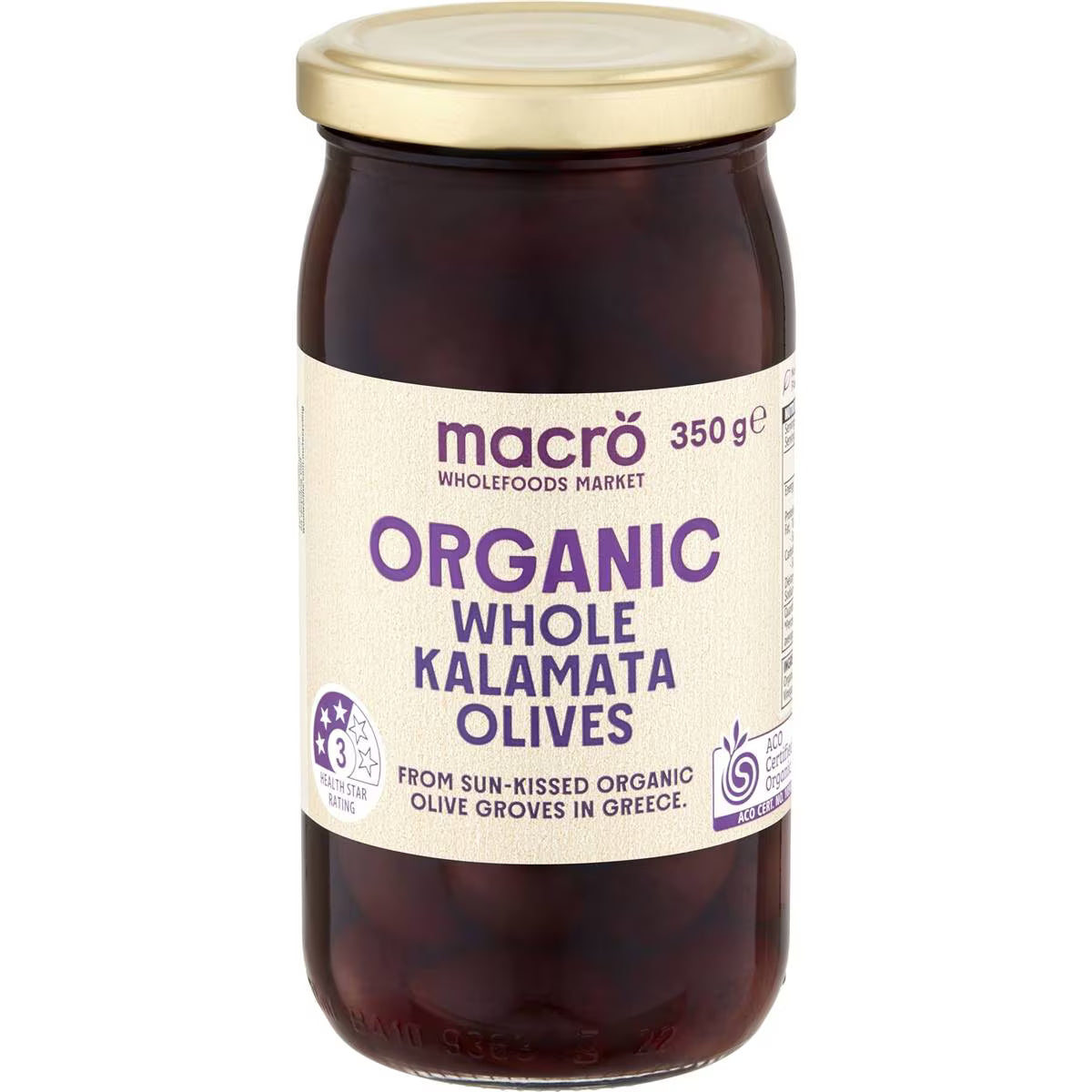 Macro organic olives whole greek kalamata 350g