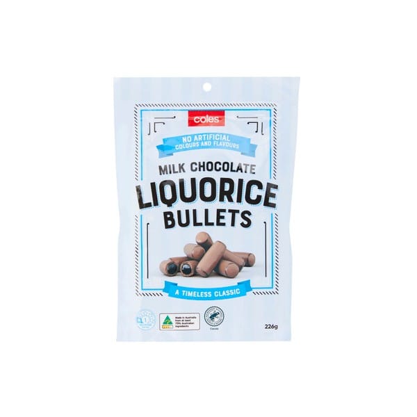 Coles Lollies Liquorice Bullets Milk Chocolate 226g