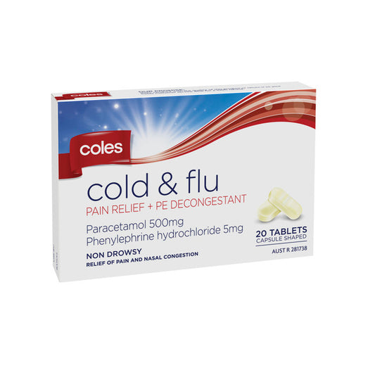 Coles Cold & Flu Pain Relief + Pe Decongesrant Capsules 20pk
