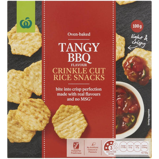 Woolworths Crinkle Cut Rice Snacks Tangy Bbq 100g