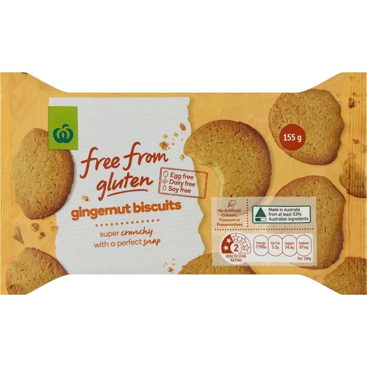 Woolworths Biscuits Free From Gluten Gingernut 155g