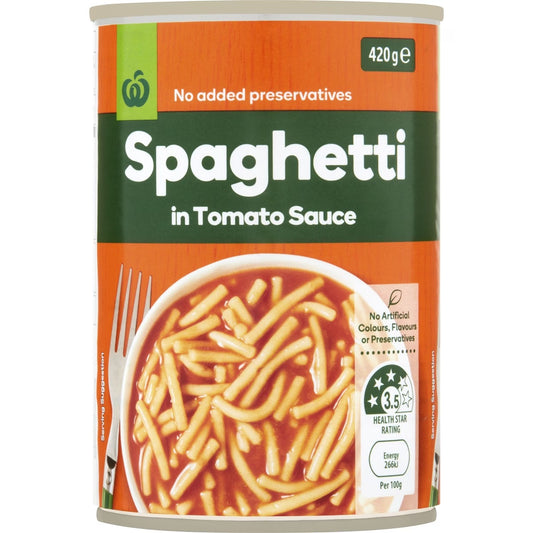 Woolworths Spaghetti In Tomato Sauce 420g