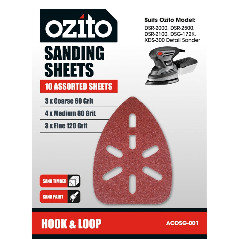 Ozito Detail Sander Assorted Grits Sanding Sheets - 10 Pack (G4)