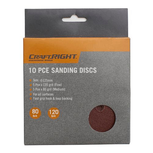 Craftright 125mm Hook and Loop Sanding Discs - 10 Pack